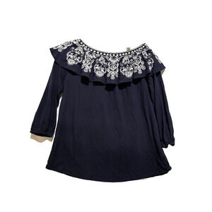 J Jill‎ Top sz M Navy Floral Embroidery Off Shoulder Cotton Modal top Boho comfy